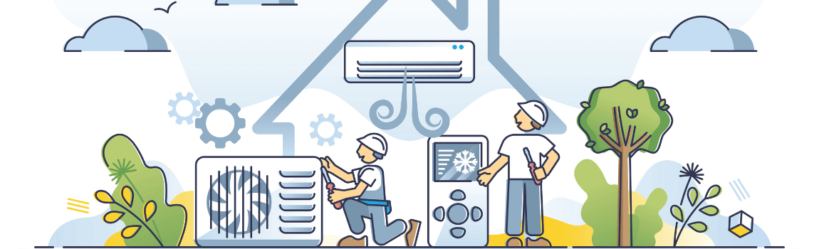 illustration of a home with mini split and two workers outside
