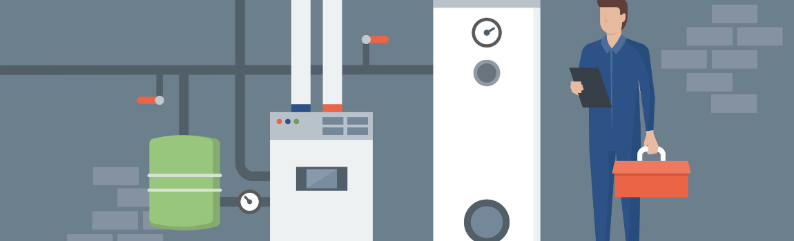 illustration of home furnace and water heater with hvac pro holding toolbox