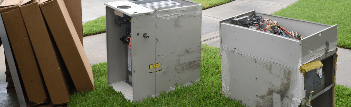 old furnace sitting on grass with boxes