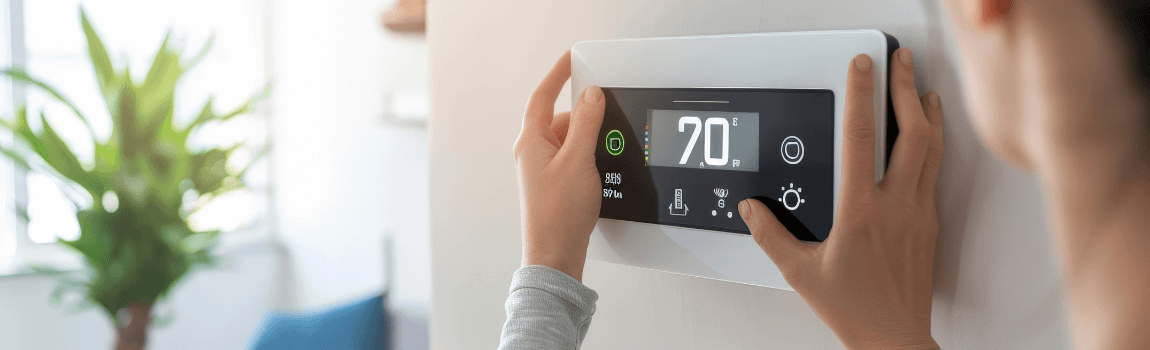 woman touching thermostat