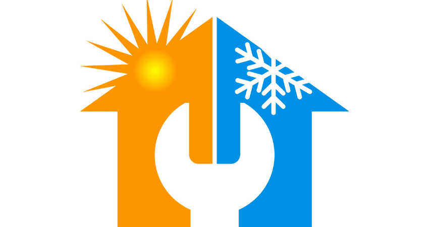 illustration of home with orange sun on one side and blue with snowflake on other